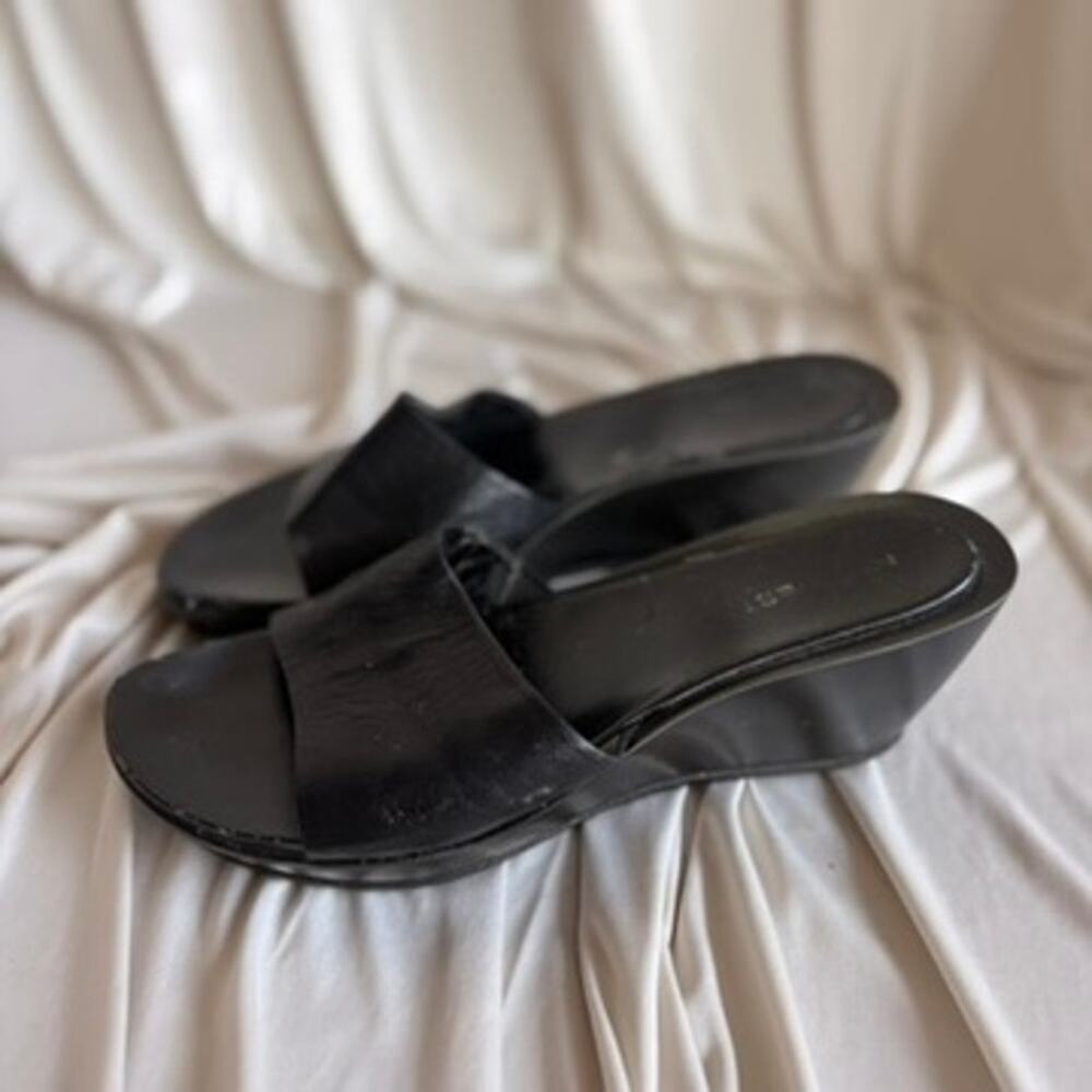 Nine West Black Wedge Sandals - Leather Strap, Slide-On, 90s Vintage, Size 8